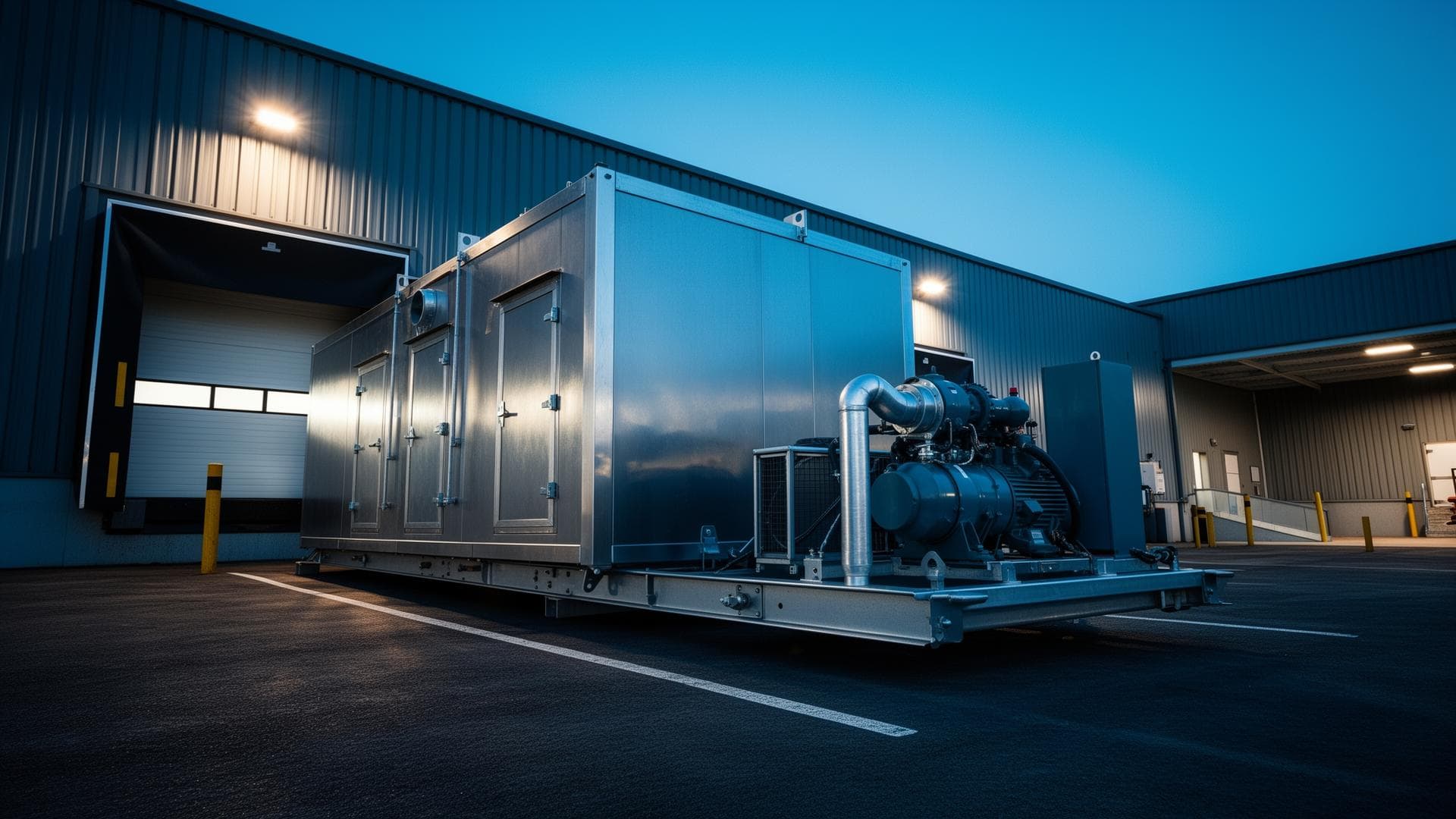 Skid-mounted commercial cold room at a warehouse loading dock